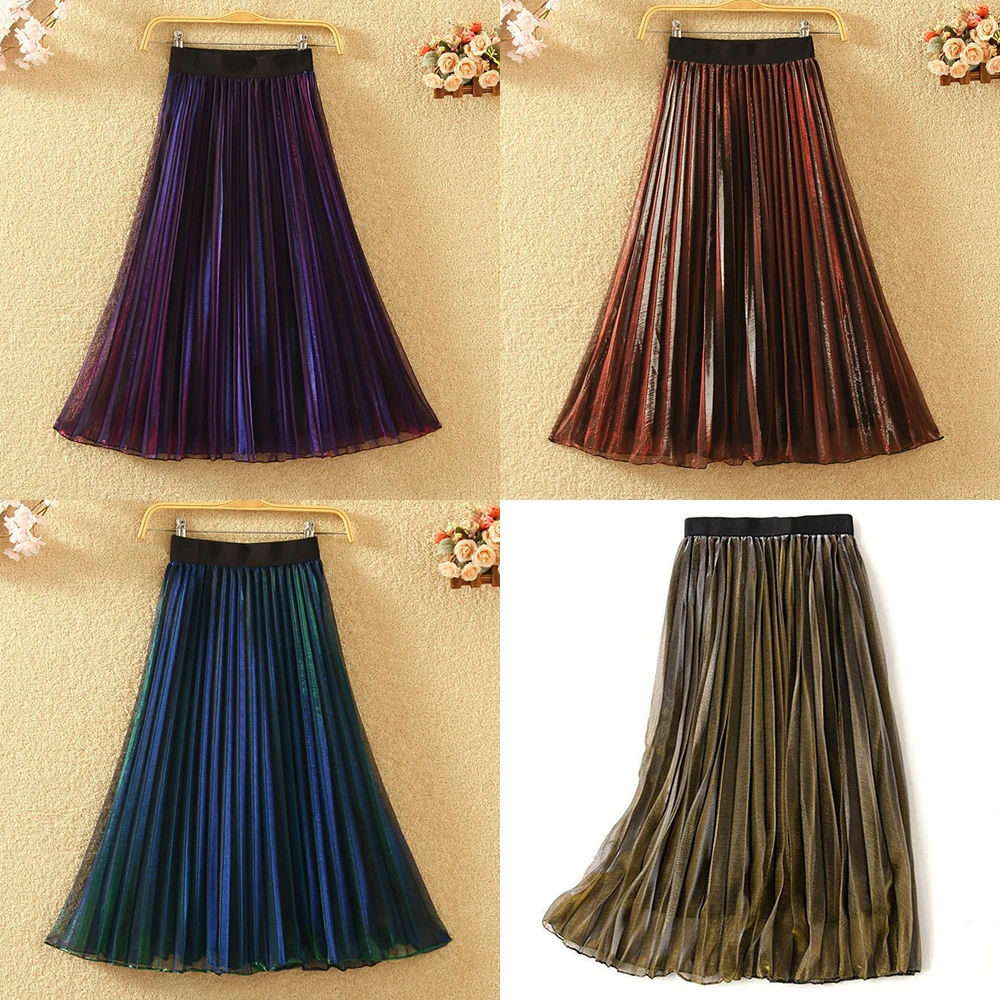 Pleated Skirts Women 2019 Summer Jupe Femme Elastic High Waist Vintage Gradient Color Party Falda Mujer Solid Casual Midi Skirt