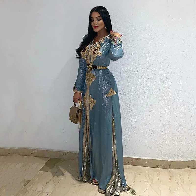 

Blue Moroccan Kaftan Caftan Muslim Evening Dresses A-line V-neck Long Sleeves Appliques Dubai Arabic Turkey Abaya Islamic Gown