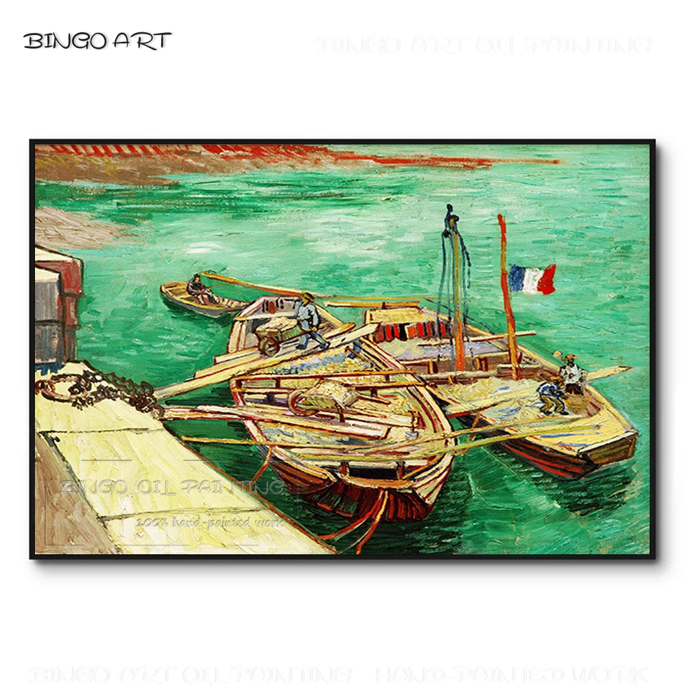 

Skilled Artist Pure Hand-painted Impressionist Fishing Boat Oil Painting on Canvas Beautiful Van Gogh Fishing Boat Oil Painting