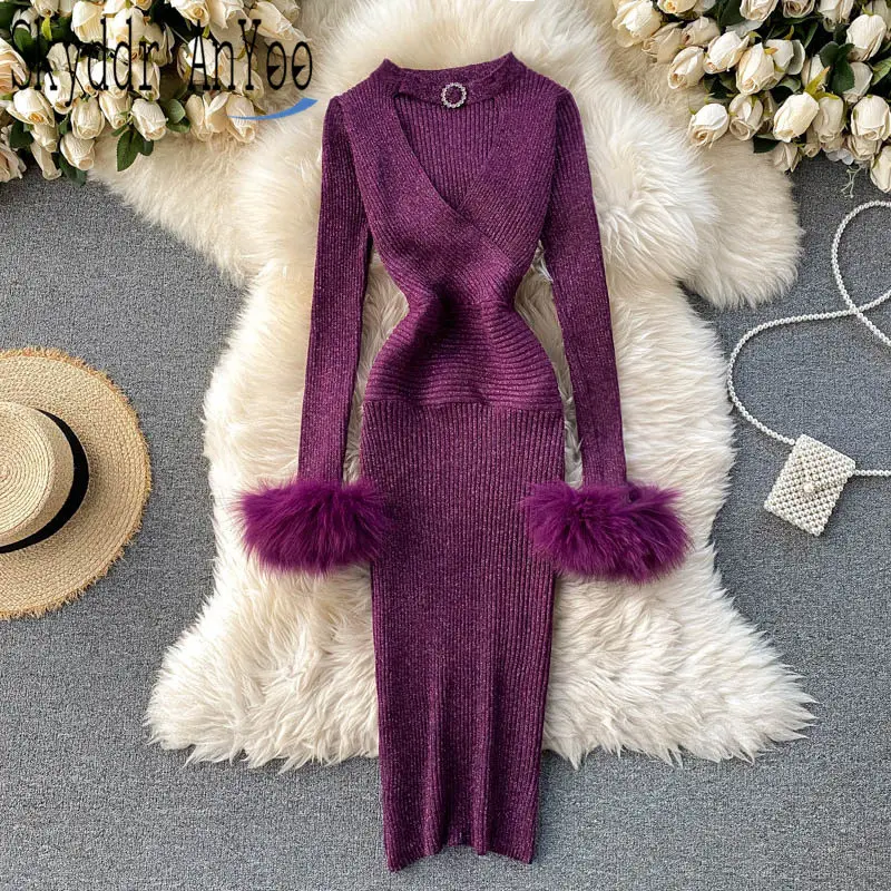 Autumn Winter Shiny Knitted Dress For Women Long Sleeve Hollow Out Bodycon Sexy Party Dresses Slim Elastic Warm Base Femme Robe