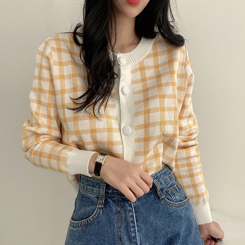 REALEFT Autumn Winter 2021 New Classic Plaid Women Cardigan Sweaters Elegant Long Sleeve Casual Loose Knitted Cardigans Female