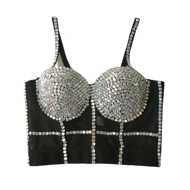 

Fashion AB Colored Diamond Beading Camisole Women Sexy Push up Bustier Corset Bra Nightclub Party Cropped Top Brassiere q552