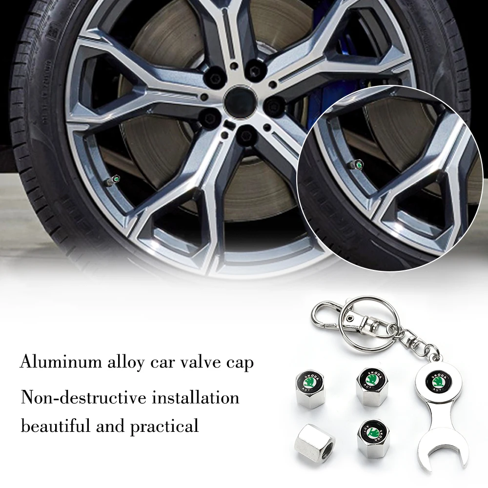 Car Styling Metal Wheel Tire Valve Caps Stem Case For Skoda Octavia 2 3 Kodiaq Rapid A5 Car Accessories Valve Keychain Ring