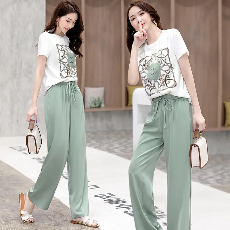 

Women SummerPants Sets Large Size Short-sleeved Printed T-shirt+Full Pants 2pcs Clothing Women's Casual Sportswear Suit W2056