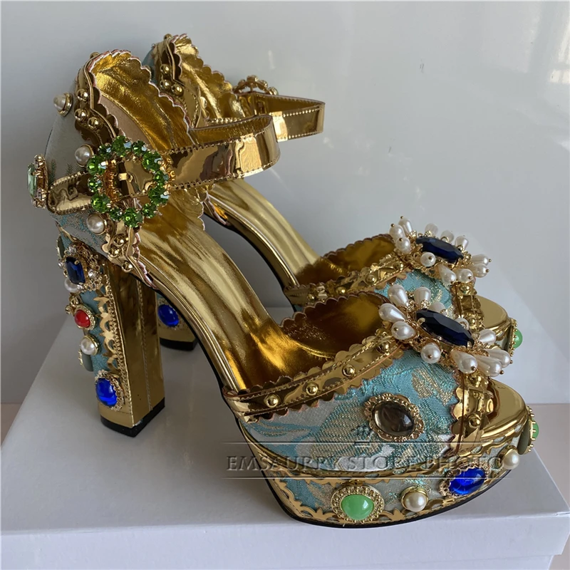 Exotic Embroidery Lace Rhinestone Sandals Women Chunky Heel Crystal Flower Pearl Diamond Platform Wedding Shoes Woman