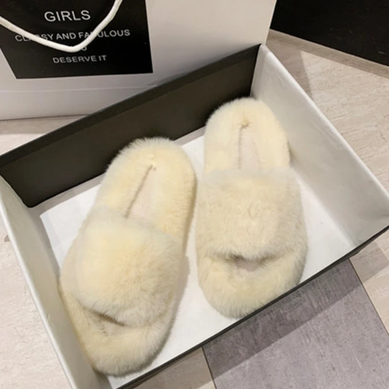 

Faux Fur Home Slippers Fluffy Women Slides Cute Silver Butterfly Decor Furry Flip Flops Platform Sandals Fuzzy Slippers Shoes