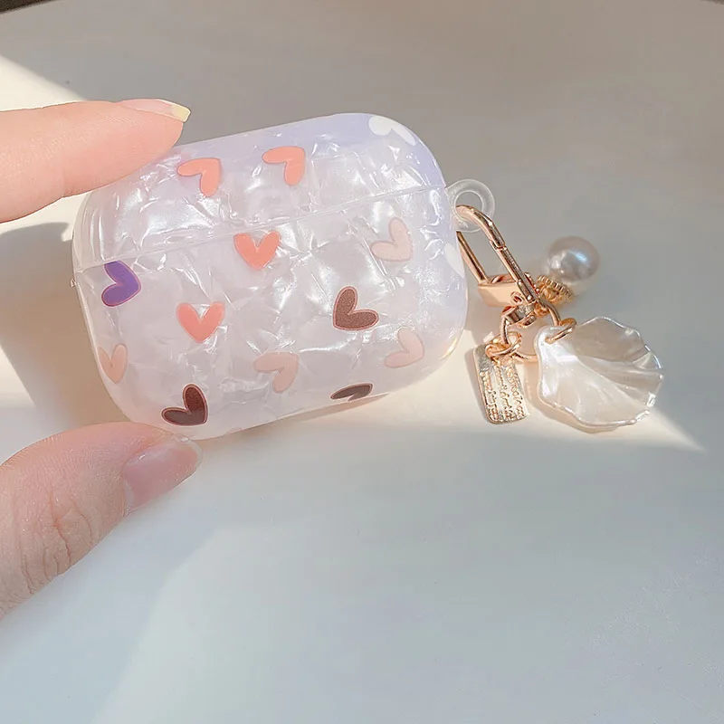 かわいい高級ハートシェルパターンtpuイヤホンapple airpods 1 2プロ3ボックスbluetoothヘッドセットカバー真珠キーホルダー