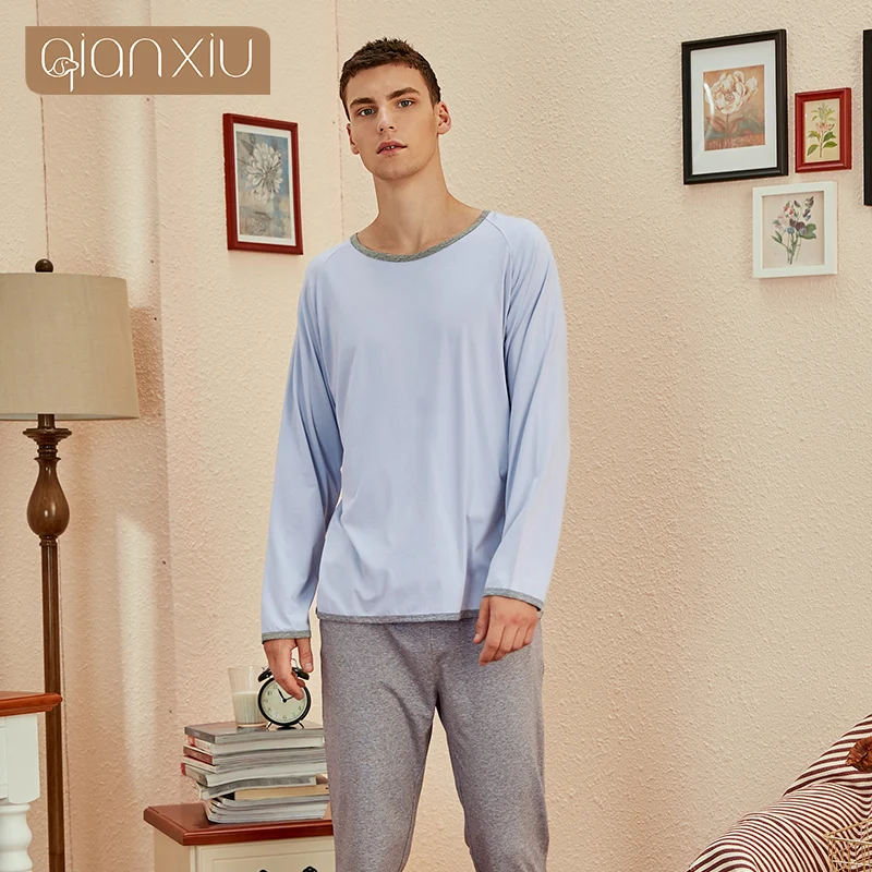 Pijamas de lana con cuello redondo para hombre, ropa de casa de algodón, camisones de talla grande, ropa informal de otoño e invierno