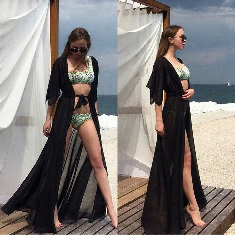 Summer Women Chiffon Kimono Beach Cardigan Bikini Cover Up Wrap Beachwear Long Dress Boho Dress