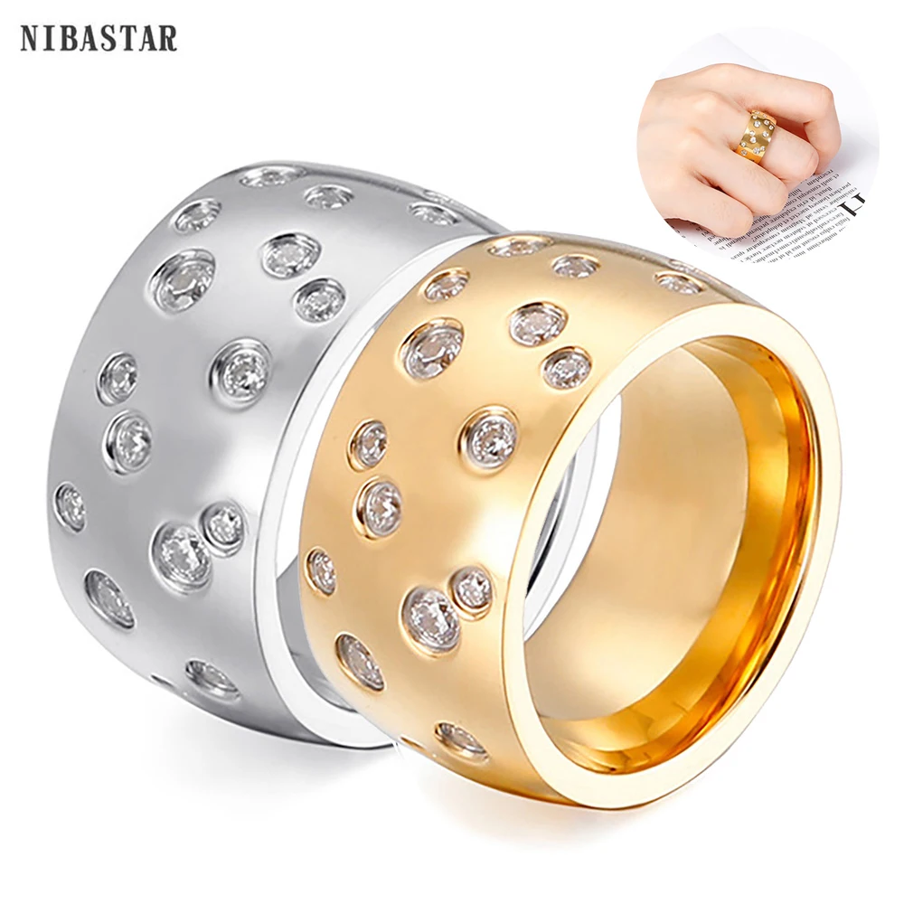 NIBASTAR Simple Stainless Steel Women 10mm Ring Shining Crystal Wedding Promise Jewelry Accessories Wholesale Retail