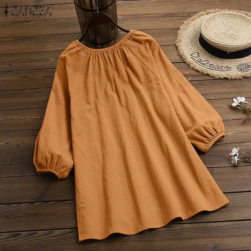 Frauen 2023 Sommer Blusen ZANZEA Solid Puff Sleeve Tops Weibliche Vintage Baumwolle Hemd Casual Kordelzug O Neck Blusa Oversize