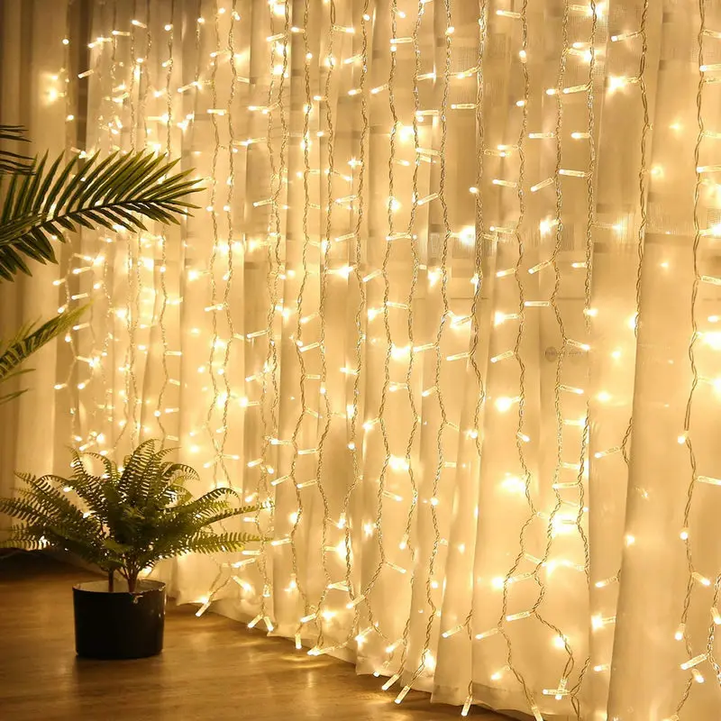 Cortina colgante de pared para ventana, guirnalda de luces de hadas de 608 bombillas, decoración de fondo de Navidad y boda, 6M x 3M, 608LED, 3 colores