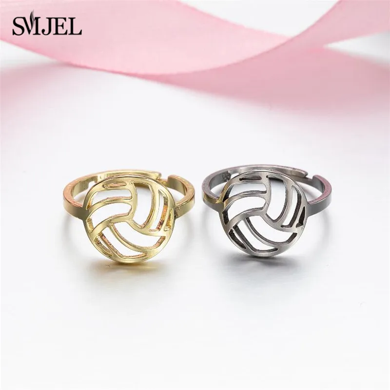 Smjel Stainless Steel Volleyball Shape Rings Adjustable Hollow Ball Round Ring for Women Men Jewelry Sports Club Gifts Friend