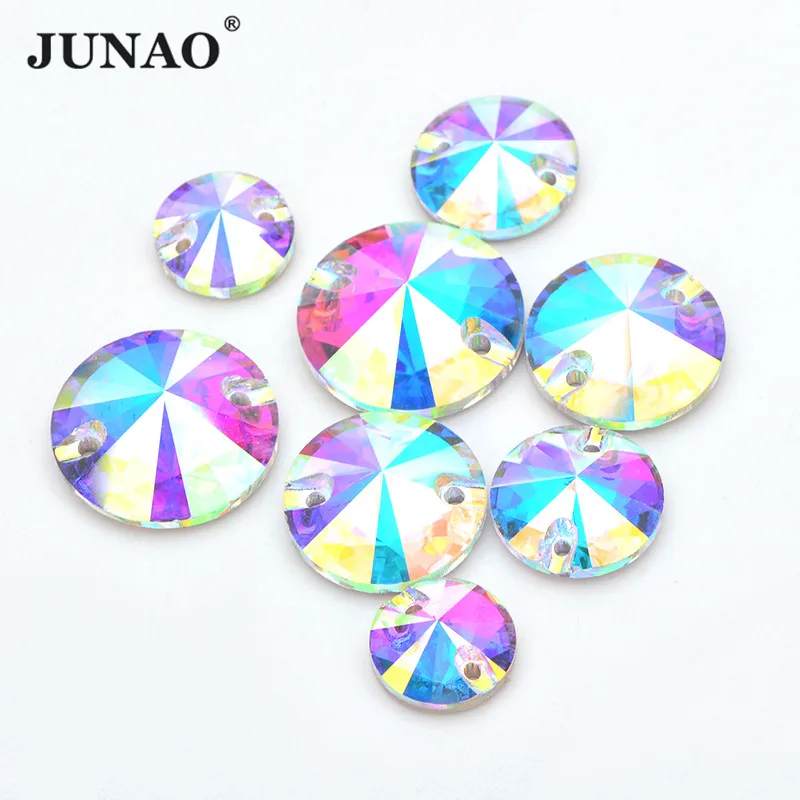 JUNAO 8 10 12 14 16 18 mm Crystal AB K9 Glass Rhinestones Round Rivoli Glass Crystal Decorations Sew on Stone for Art Crafts