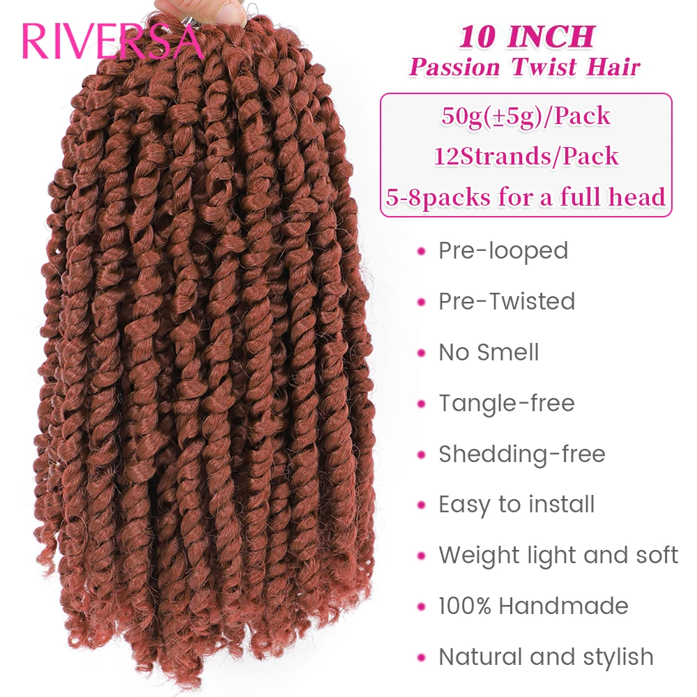 10 pulgadas Passion Twist Hair Pre bucle Crochet Hair Extensiones de cabello trenzado sintético 1B 2350 27/613 1B / 27 1B / 30 Dreadlocks Fluffy