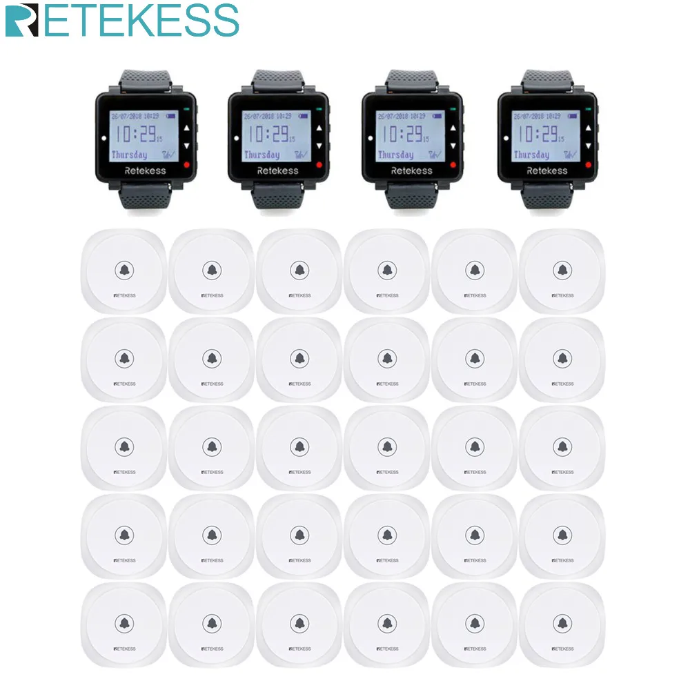 Retekess T128 Restaurant Pager Wireless Waiter Calling System 4 Watch Receiver + 30pcs TD017 Call Button For Cafe Bar Clinic