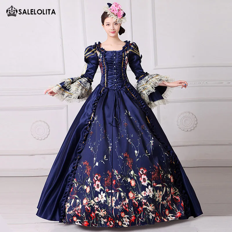 2023 Brand New Vintage Dark Blue Lace Printed Marie Antoinette Dress Civil War Southern Belle Gown Women Reenactment Clothing