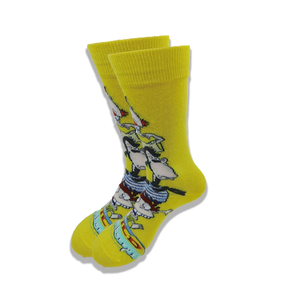 A Pair of Autumn and Winter Cartoon Animal Men and Women\'s Socks Yellow Blue Red Orange Green Grey Tube Senior Sewing Crew