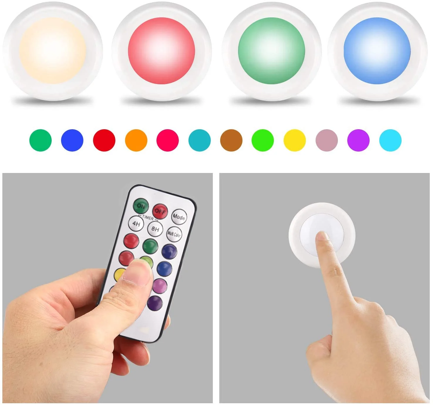 LED Under Cabinet Light with Remote Control RGB Color Changing Puck Light for Kitchen Bedroom Closet