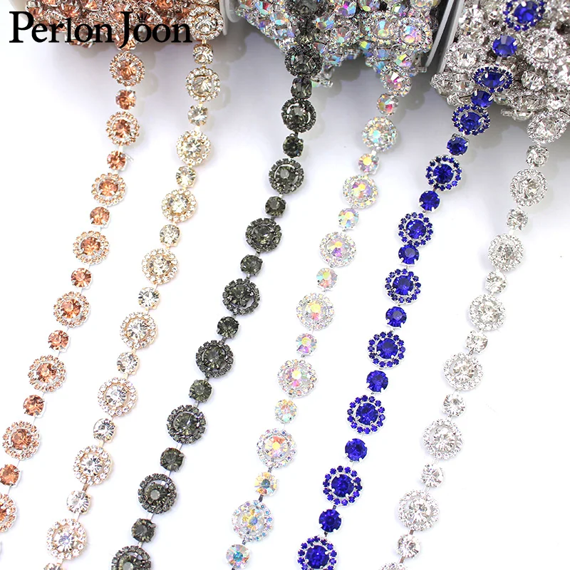 1yard colorful circle crystal arrangement rhinestone applique trim chain sewn on shoes wedding decoration accessories ML134