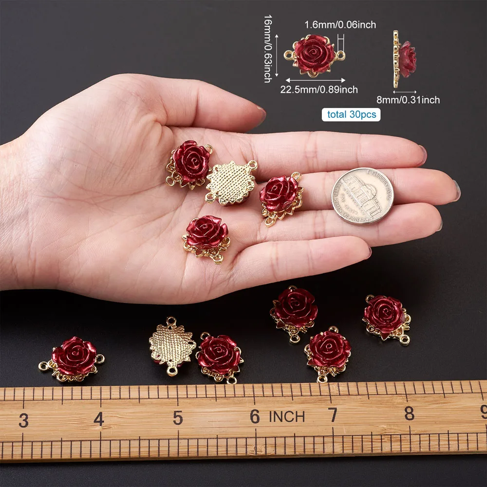 30pcs/Box 3D Rose Flower Valentine's Day Rack Plating Alloy Pendants Links Connectors ABS Plastic for Jewelry Making Decoration