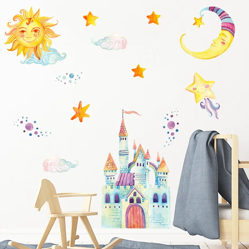 

Cartoon Sun Moon Castle Wall Sticker Kids Room Background Decoration Mural Child Bedroom Removable Nursery Decor Home Wallpaper