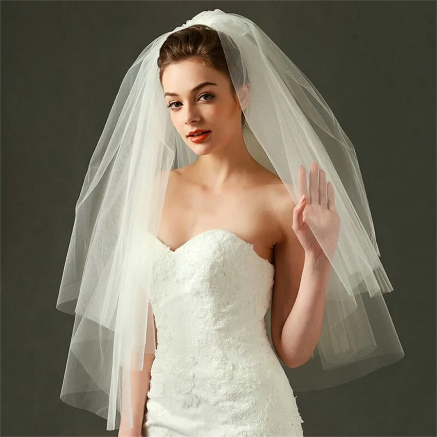 2T Short Tulle Wedding Veils Simple White Two Layers Bridal Veil Cheap Bride Accessories 75cm For Women Veils With Comb