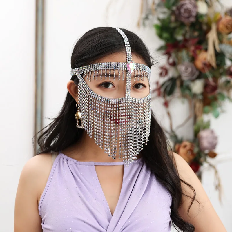 Performance Ornate Harem India Dance Face Mask Party Bollywood Accessories Metal Chain Face Veil with Chain Fringes Belly Dance