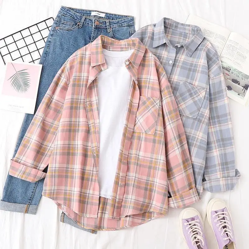 Blouse Women Shirt Spring Summer Plaid Women\'s Long Sleeve Loose Top Shirt Coat Blusas Mujer De Moda