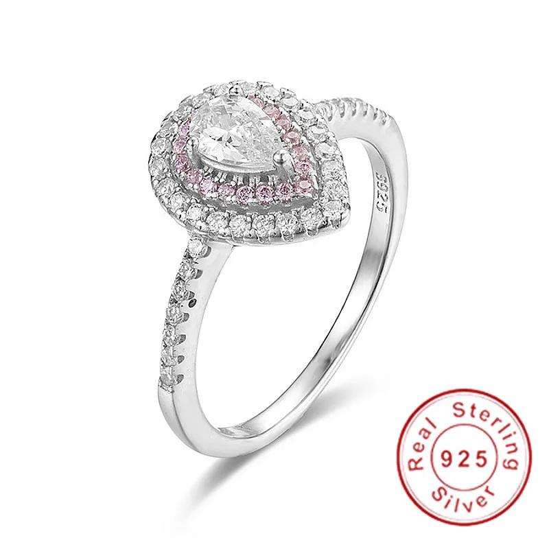 

Brand Jewelry 925 Sterling Silver ring Drop-cut 2ct Sona Diamond Pave Setting Pink Surround Wedding Rings For Women Sz 5-10