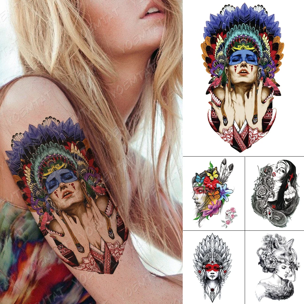 

Waterproof Temporary Tattoo Sticker Shaman Indian Tribe Girl Flash Tattoos Feather Nun Body Art Arm Fake Tatoo Women Men