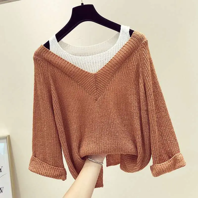 

Early Autumn New Women's Fake Two-Piece Long-Sleeved off-Shoulder Sweater Women's Loose Sweater Bottoming Shirt Lazy Wind