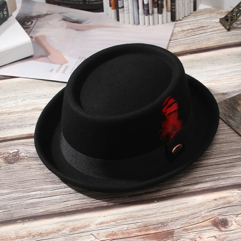 GEMVIE 100% Wool Felt Crushable Men Women Porkpie Fedora Hat Short Brim Autumn Winter Pork Pie Hat Striped Feather Band