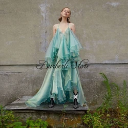 Chic Shiny Tulle Long Women Party Dresses Sexy Backless Halter Ruffles Ruched A-line Summer Dress High Low Half Sleeves