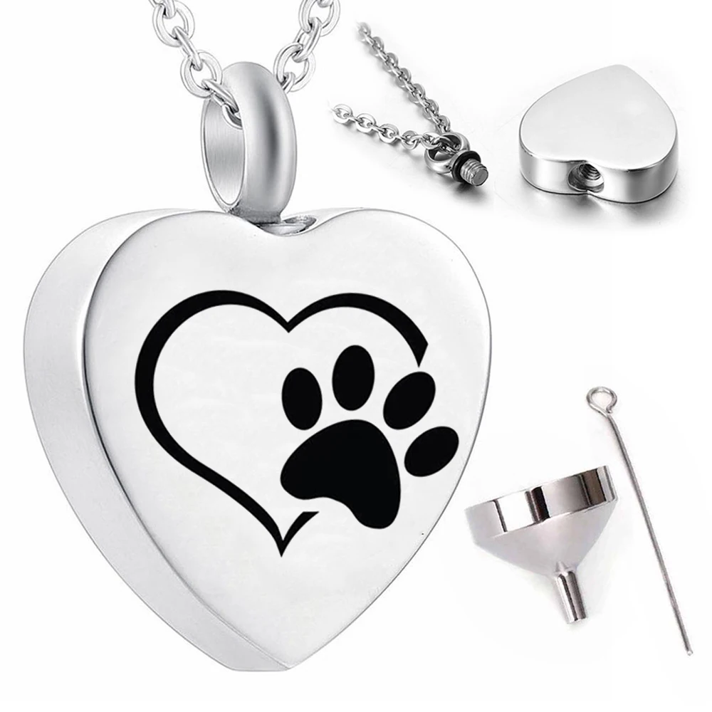 Cremation Urn Ashes Holder Pendant For Dog paw print Necklace stainless steel heart pet urn necklace keepsake