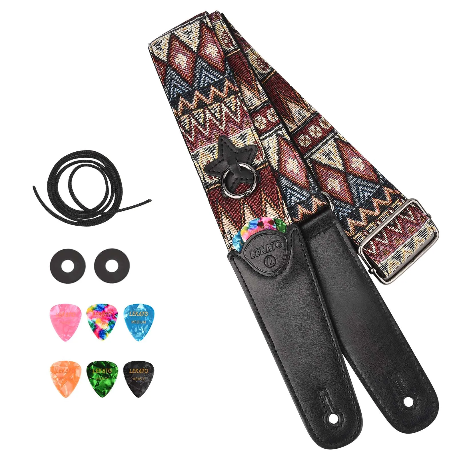 Lekato Guitar Strap Electric Guitars Ukulele Accessories Bass Strap Wide Musical Instrument Guitar Belt with 6 Picks Accessory