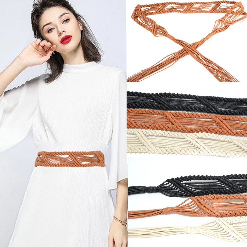 

Luxury designer 2020 New Ladies Vintage Pattern Hand-woven Wax Rope White/Black Style Waist Seal Decoration Belt BG-1572