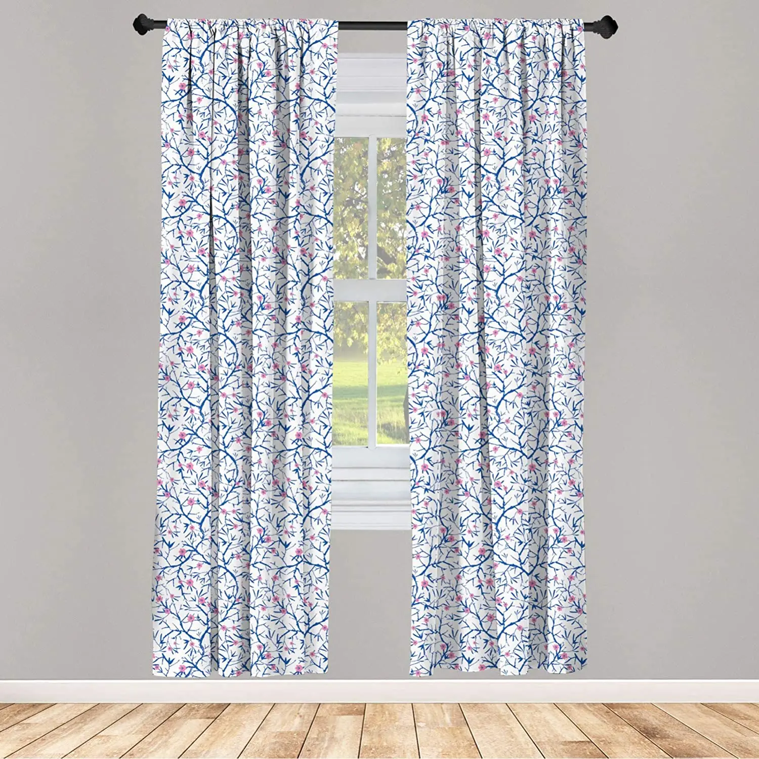 Navy and Blush Window Curtains Blooming Sakura Tree Branches with Grunge Display Nature Curtain with Rod Pocket