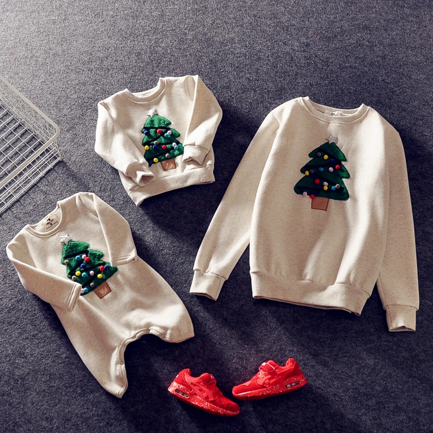 Mommy and Me Christmas Family Matching Clothes New Year Women Kids Homewear Hoodie Sweaters Xmas Tree Embroidery Good Quality