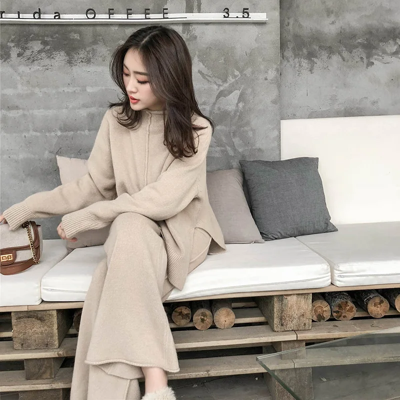 

Oversized Women 2 Piece Set Solid Mock Neck Full Length Sleeves Knitted Pullover Tops Elastic Waist Wide Leg Pants Elegant Sets