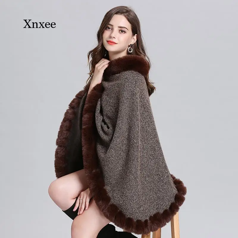 

Faux Fox Fur Coat Plus Velvet Warm Pullover 2021 Winter Outwear Street Wear Women Capes Solid Poncho Knitted O Neck Fur Sweater