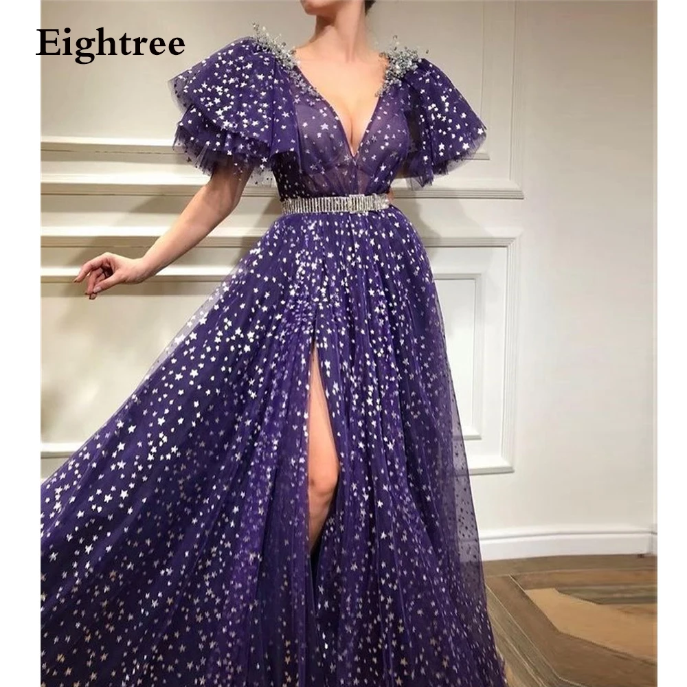 

Eightree Blue Shiny Stars Prom Growns Evening Dresses Short Sleeves V Neck Tulle Prom Formal Night Party Gowns Dress Vestidos