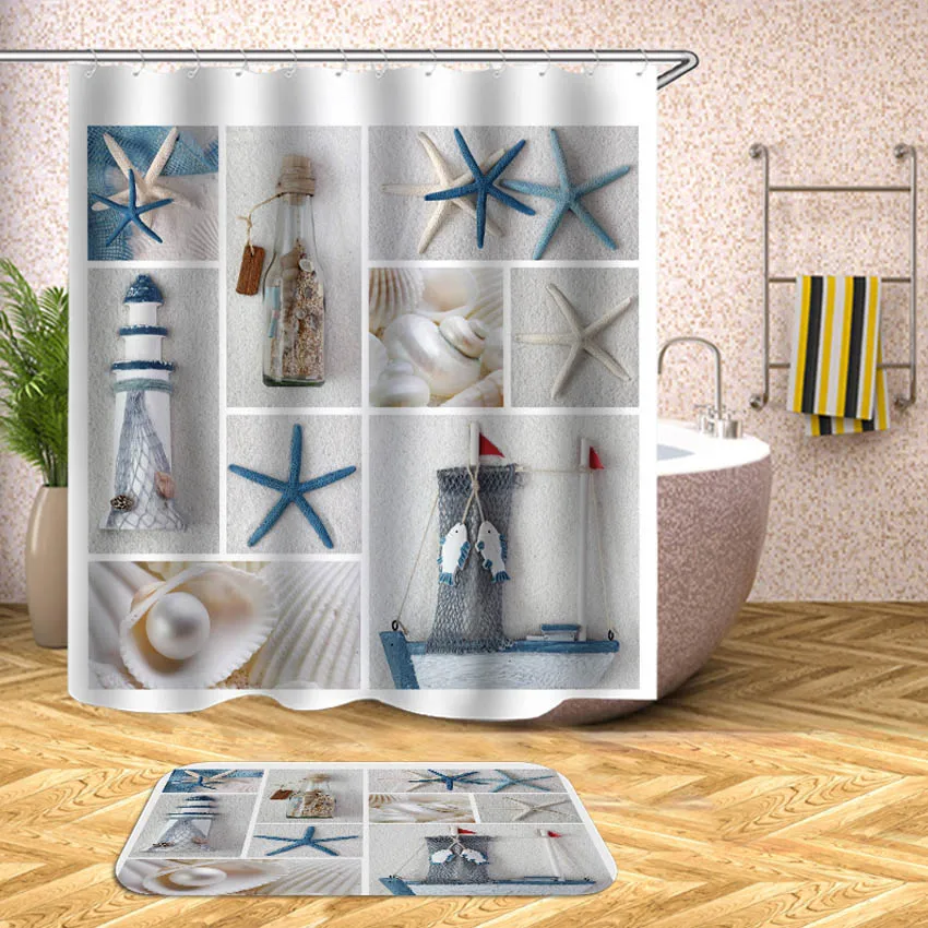 Beach Shell Sea Waterproof Shower Curtain Printed Bath Curtains for Bathroom Bathtub Bathing Cover Extra Large Wide 12pcs Hooks