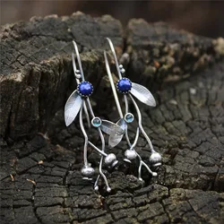 Vintage Blue Stone Branch Leaves Dangle Hook Earrings For Women Fashion Jewelry Ethnic Tribal Statement Drop Earring Accessories