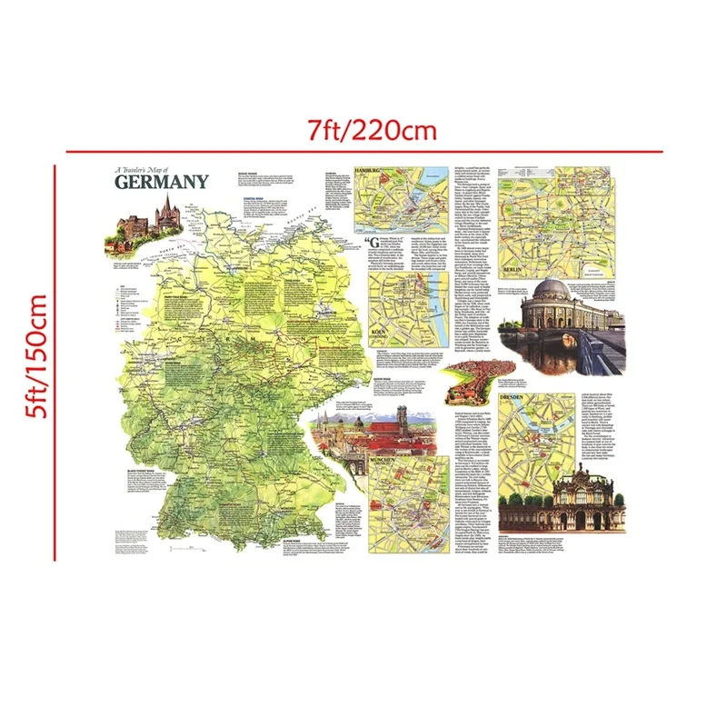 225 * 150 cm 1991 Niemcy mapa podróży plakat w stylu vintage włóknina płótno malarstwo ścienne obraz artystyczny dekoracja wnętrz przybory szkolne