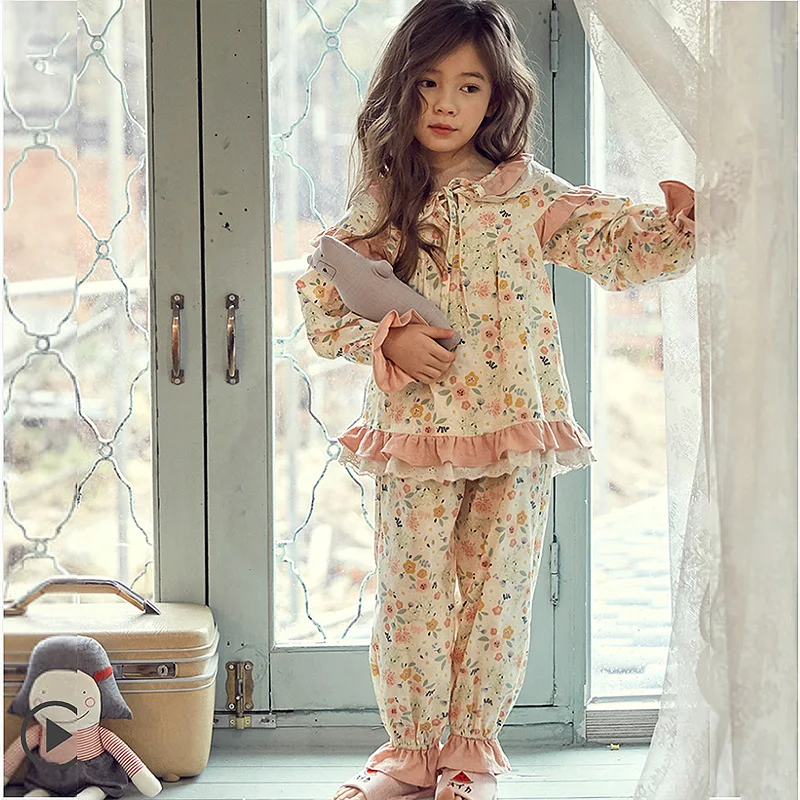 New Kid Girl\'s Lolita Cotton Floral Pajama Sets.Vintage Toddler Kid‘s Flowers Pyjamas Set Sleep Loungewear.Children’s Clothing