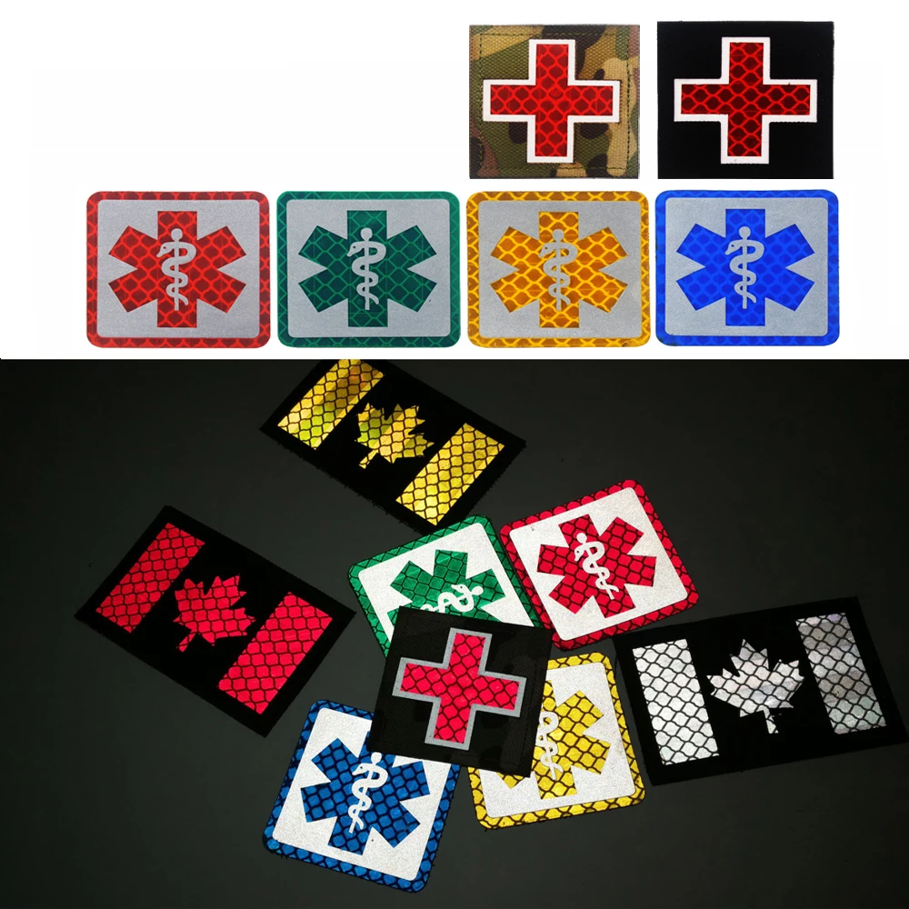 1PC 3D Embroidered Patch Cross Medical Assistant Red Chapter Reflective Sticker Clothes Backpack Hat Logo Glowing Luminous Badge