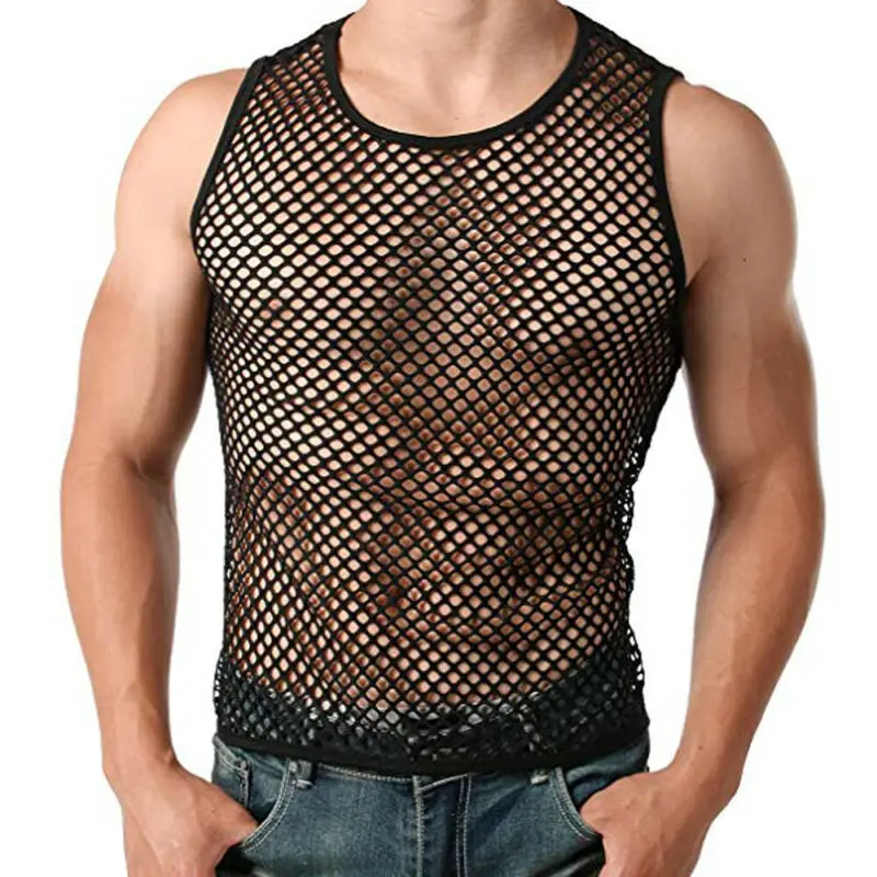 Men's Sexy Mesh Sheer Gym Training Tank Top Fish Net Sporting Tee Top Clubwear Sexy Fish Net Muscle Tee Vest M-XXL