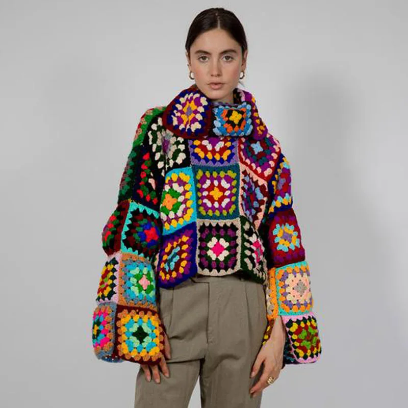 Kolorowy sweter z golfem szydełkowany, płaszcz afrykański w stylu boho, sweter z kwadratami babuni, uroczy sweter w kratę, odzież damska.