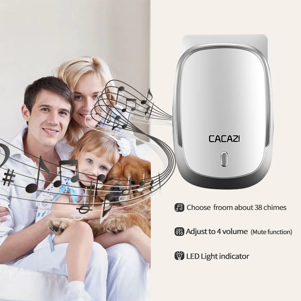 CACAZI High Quality Wireless Waterproof Doorbell Operated Smart Battery Button 300M Remote US EU UK Plug 38 Songs Calling Bell